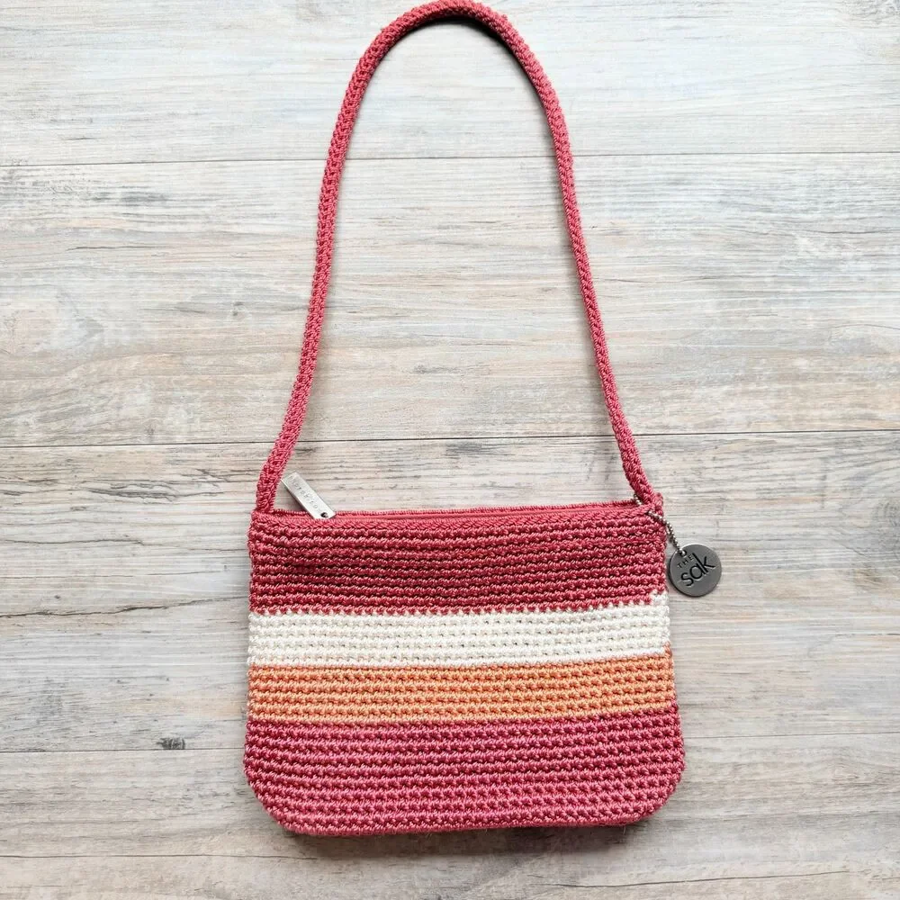 The Sak Crochet Knit Striped Shoulder Bag Y2K Boho Pink Sunset Mini Hobo Purse
